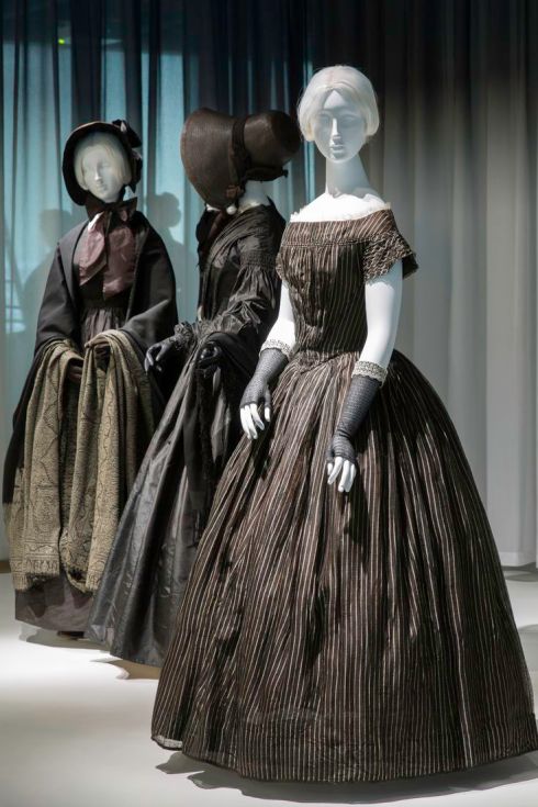 1840s Dresses, Striped and Bonnets