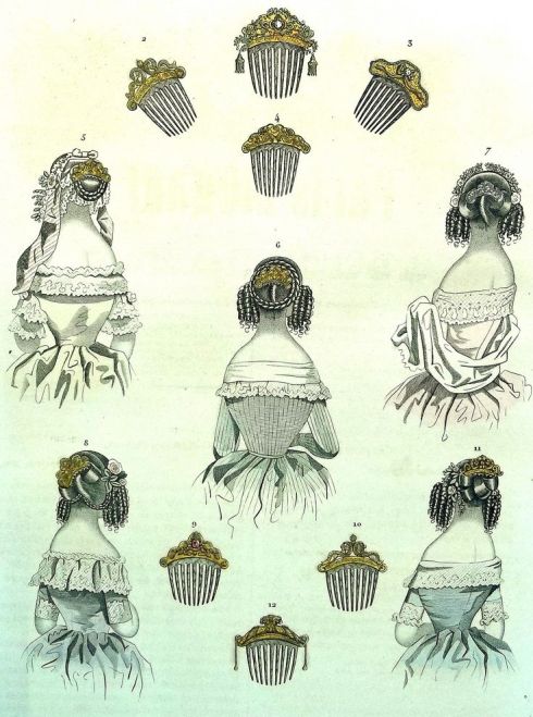 1840s Fashion plate showing hair styles and accessories of the 1840s