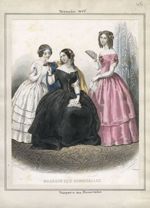 1845. Evening Dresses, Magasin des Demoiselles, November, The ladies are wearing gowns with a neckline en coeur
