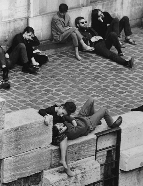 1950s Parisian Beatniks Hanging Out on Bank of the Seine